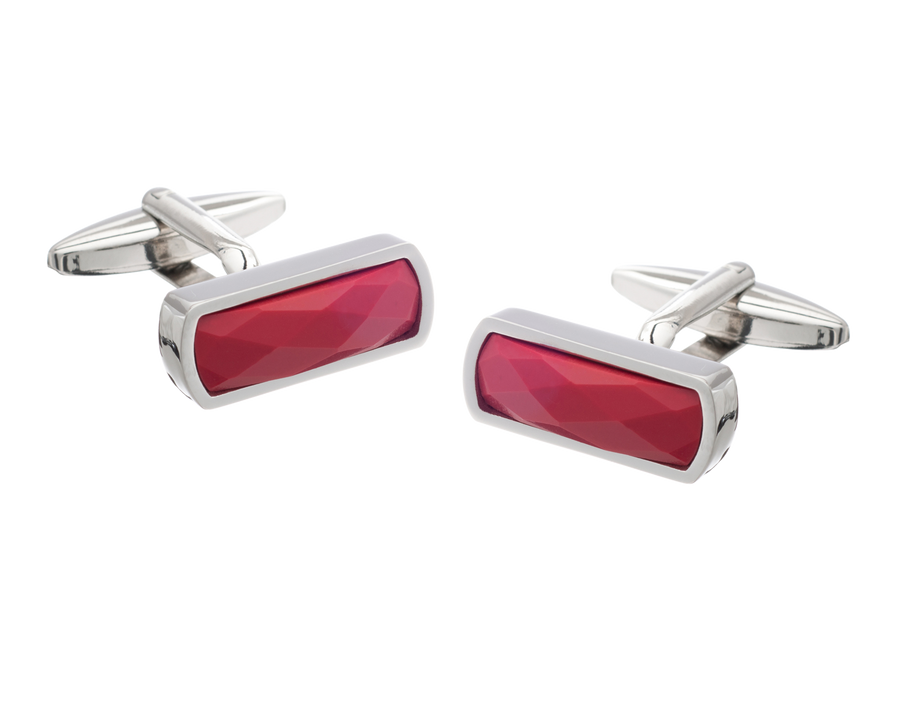 Narrow Rectangular Faceted Red Cufflinks