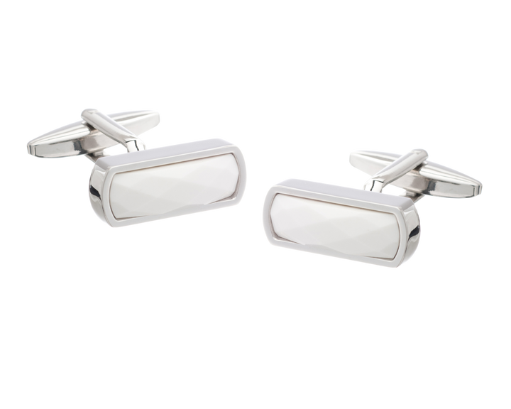 Narrow Rectangular Faceted White Cufflinks