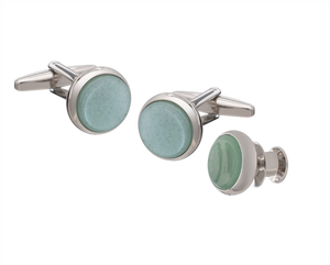 Signature Collection No4 Green Aventurine & Silver Cufflink and Lapel Pin Set