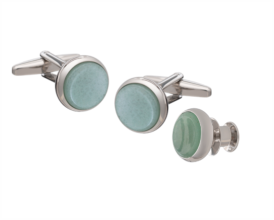 Signature Collection No4 Green Aventurine & Silver Cufflink and Lapel Pin Set