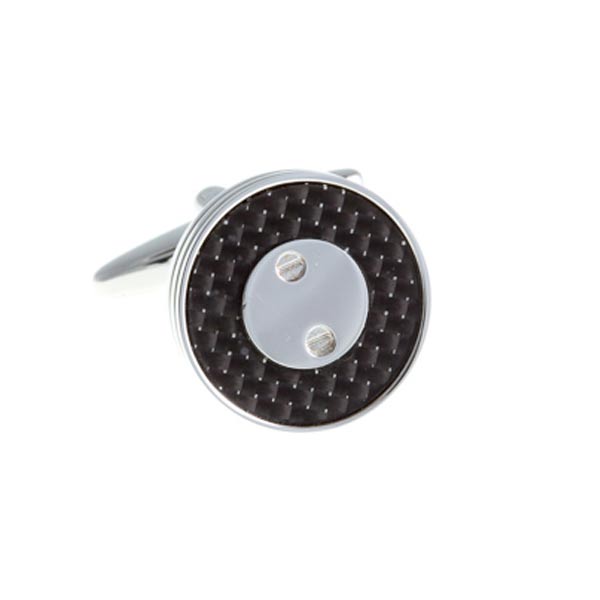 Screw Plated Round Black Carbon Fibre Cufflinks