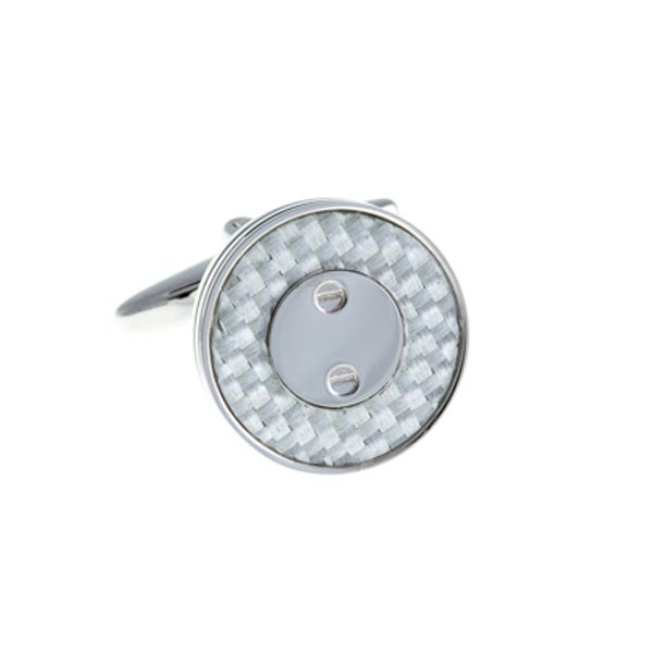 Round Screw Plated White Carbon Fibre Cufflinks by Elizabeth Parker