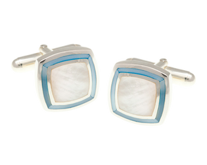 Solid Silver Blue White Mother of Pearl Picture Frame Cufflinks