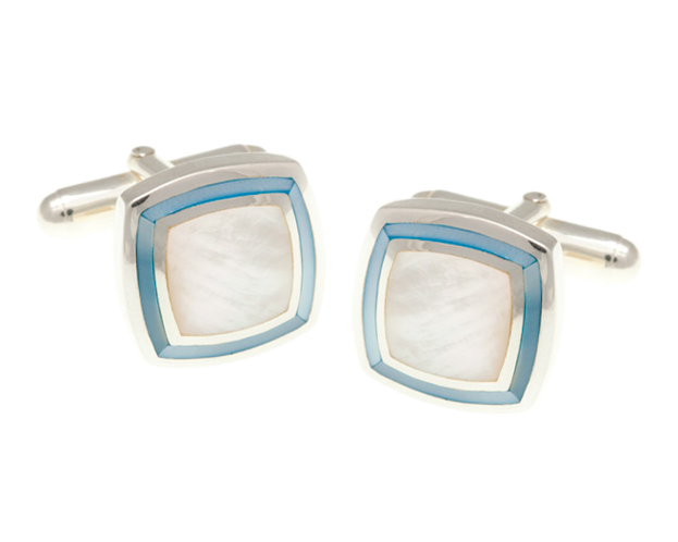 Solid Silver Blue White Mother of Pearl Picture Frame Cufflinks