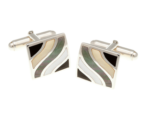Solid Silver Subtle Wave Multi Mother of Pearl Onyx Cufflinks