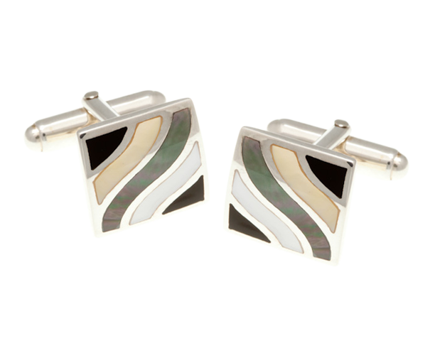 Solid Silver Subtle Wave Multi Mother of Pearl Onyx Cufflinks