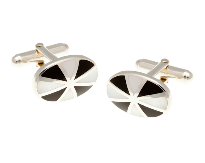 Solid Silver Sunray Mother of Pearl Onyx Cufflinks