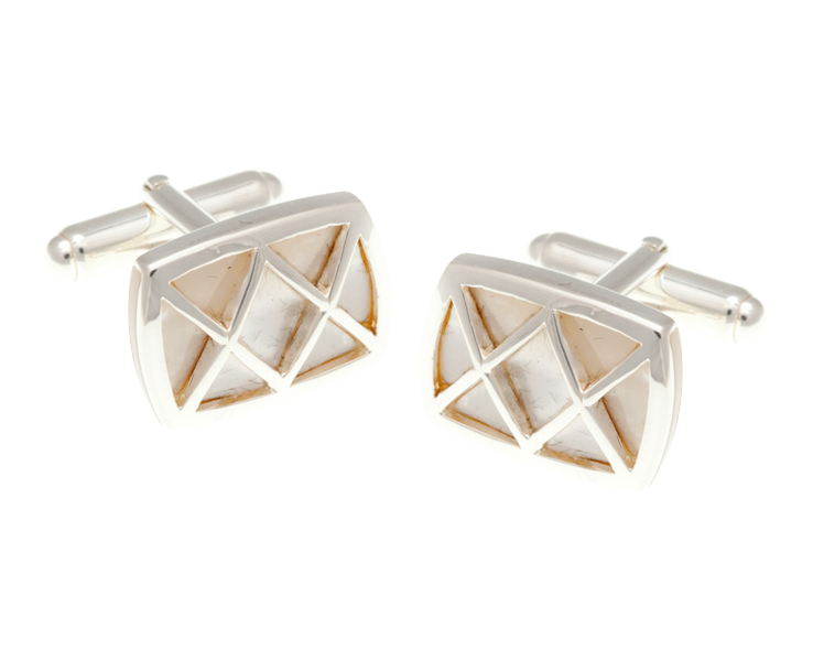 Solid Silver Rectangle Criss Cross White Mother Of Pearl Cufflinks