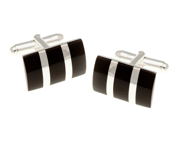 Solid Silver Rectangular Striped Onyx Cufflinks