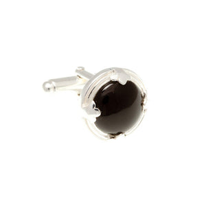 .925 Solid Silver Leaf Edged Round Black Onyx Cufflinks by Elizabeth Parker England