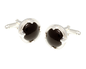 Solid Silver Leaf Edged Onyx Cufflinks