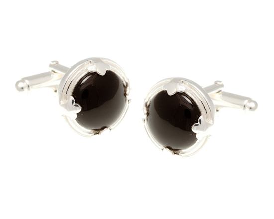 Solid Silver Leaf Edged Onyx Cufflinks