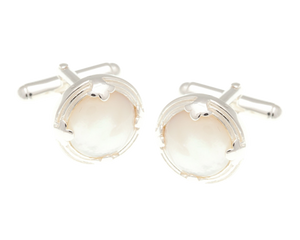Solid Silver Leaf Edged Round Mother Of Pearl Cufflinks