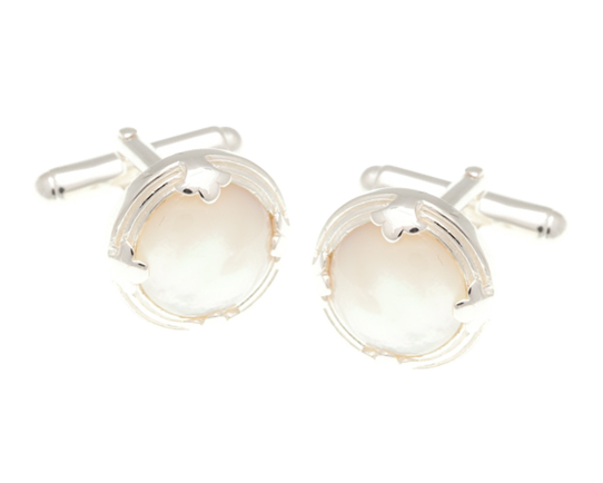 Solid Silver Leaf Edged Round Mother Of Pearl Cufflinks