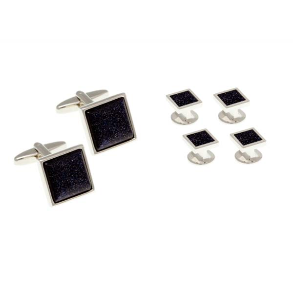 Blue Square Goldstone Dress Studs and Cufflinks Set By Elizabeth Parker