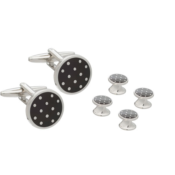 Round Black Enamel Polka Dot Cufflinks and Dress Studs Set