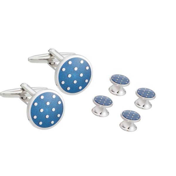 Elizabeth Parker Blue Enamel Polka Dot Dress Studs and Cufflinks Set