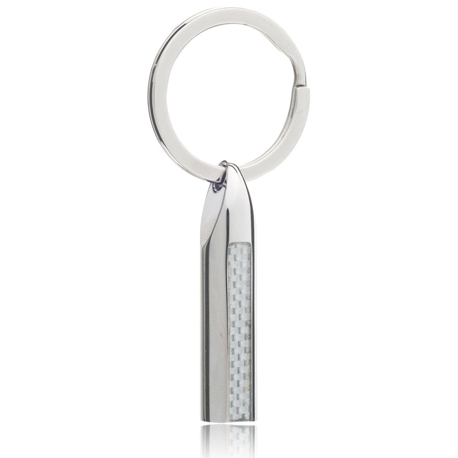 Plain Metal Cylindrical Key Ring with White Carbon Fibre Inlay Detailing by Elizabeth Parker England