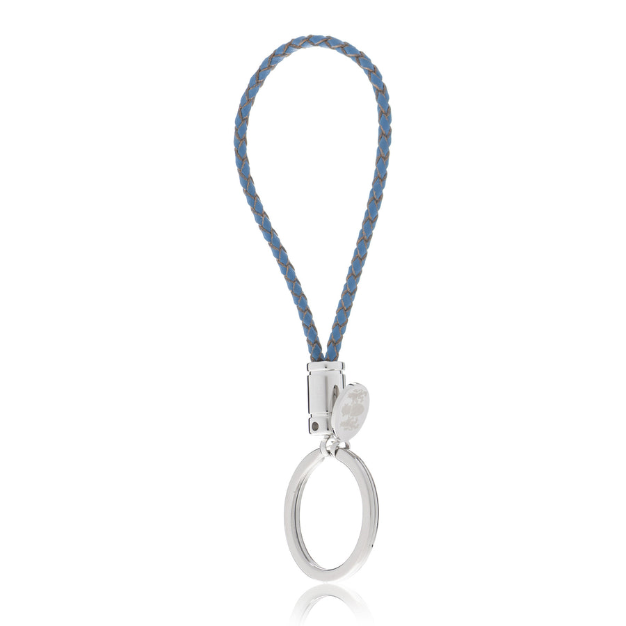 Braided Light Petrol Blue Genuine Leather Key Ring with Elizabeth Parker Crest Swing Tag by Elizabeth Parker England