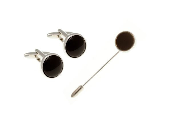 Round Black Onyx Stick Pin & Cufflinks Set by Elizabeth Parker England
