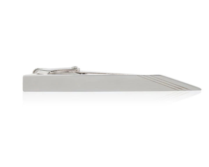 Simply Metal Tie Clip With Slanted End and Laser-Etched Slanted Lines - 50mm by Elizabeth Parker