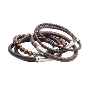 Stack of men's leather and bead bracelets by Elizabeth Parker