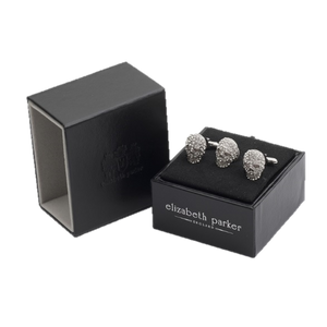 Clear crystal skull shaped cufflinks and lapel pin gift set by Elizabeth Parker