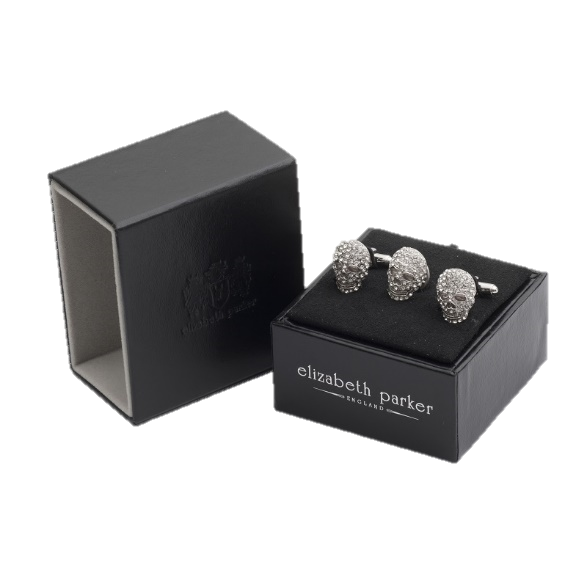 Clear crystal skull shaped cufflinks and lapel pin gift set by Elizabeth Parker