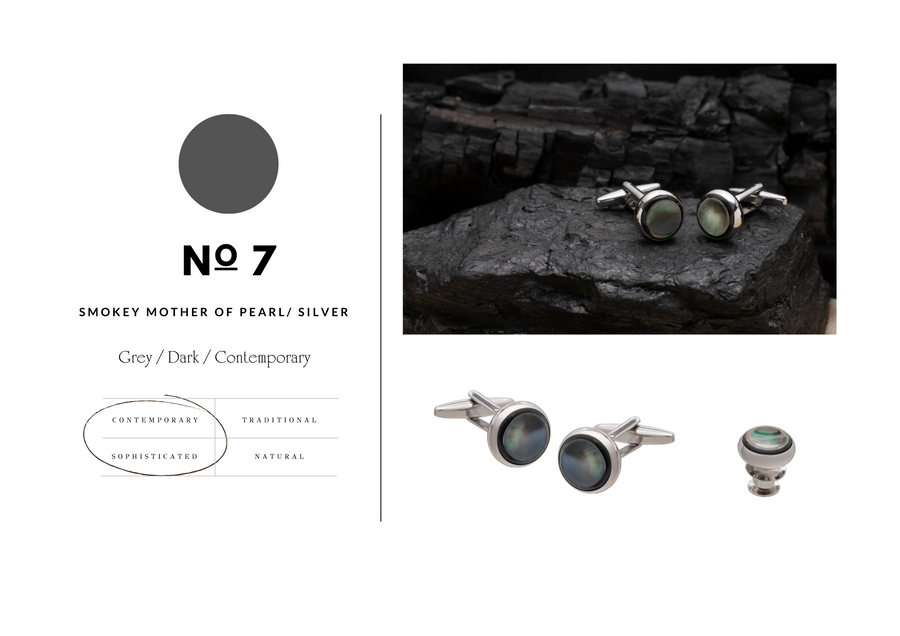 Signature Collection No7 Smokey Mother of Pearl & Silver Cufflink and Lapel Pin Set