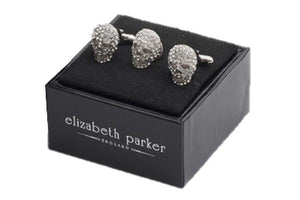Clear crystal skull shaped cufflinks and lapel pin gift set by Elizabeth Parker