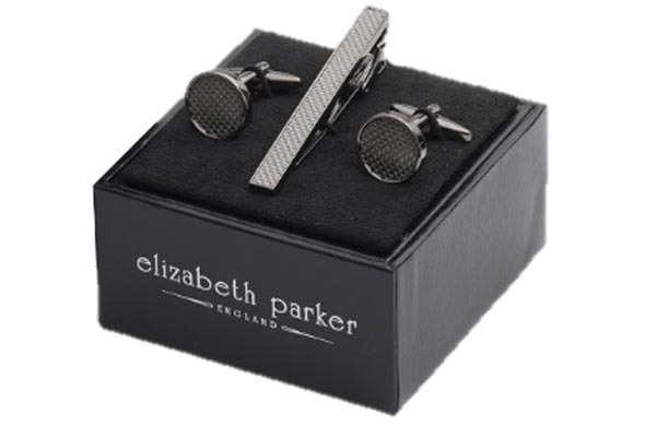 Round gun metal cufflinks with textured centre and matching tie clip gift set by Elizbabeth Parker