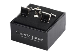 James Bond Style square black onyx cufflinks with martini glass lapel pin in a gift set by Elizabeth Parker