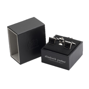 James Bond Style square black onyx cufflinks with martini glass lapel pin in a gift set by Elizabeth Parker
