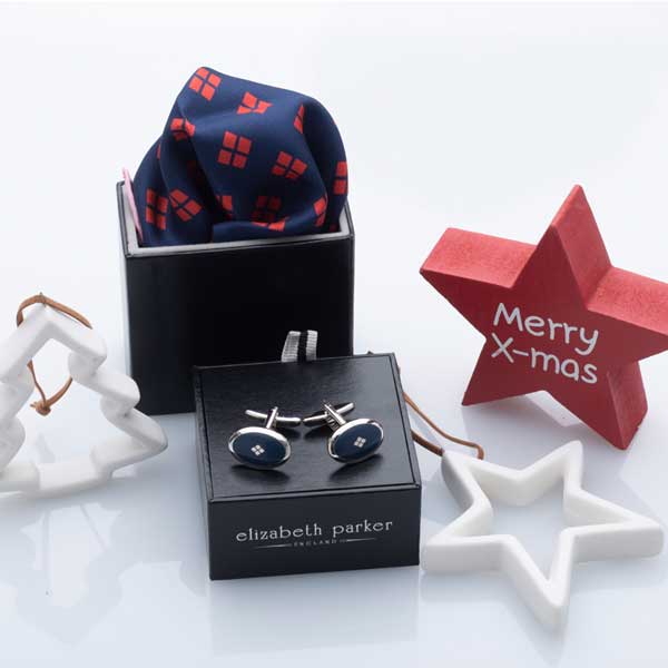 Diamonds For Ever Red and Navy Silk Pocket Square and cufflink Christmas Gift Set