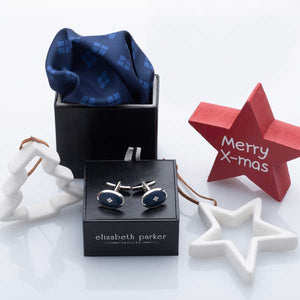 For Ever Navy and Light Blue Silk Pocket Square and Cufflink Set