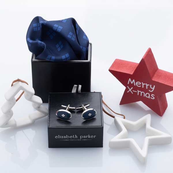For Ever Navy and Light Blue Silk Pocket Square and Cufflink Set