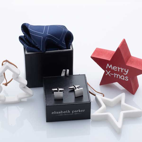 Navy Blue Check Grid Silk Pocket Square and Cufflink Christmas Gift Set