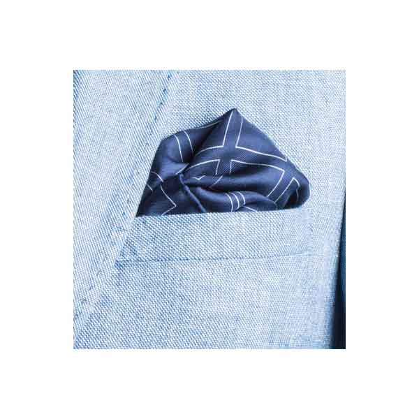 Check Grid Navy Silk Pocket Square by Elizabeth Parker in jacket pocket