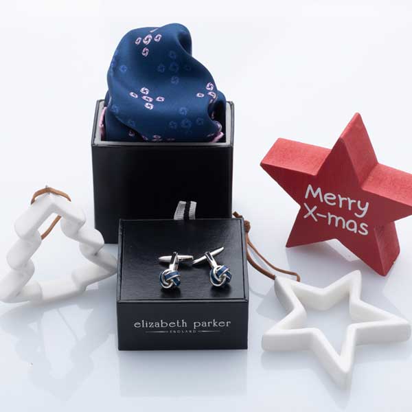 Blue Knot Cufflink and Silk Pocket Square Christmas Gift Set