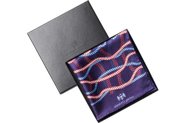 Red, blue and white rope twist silk pocket square by Elizabeth Parker
