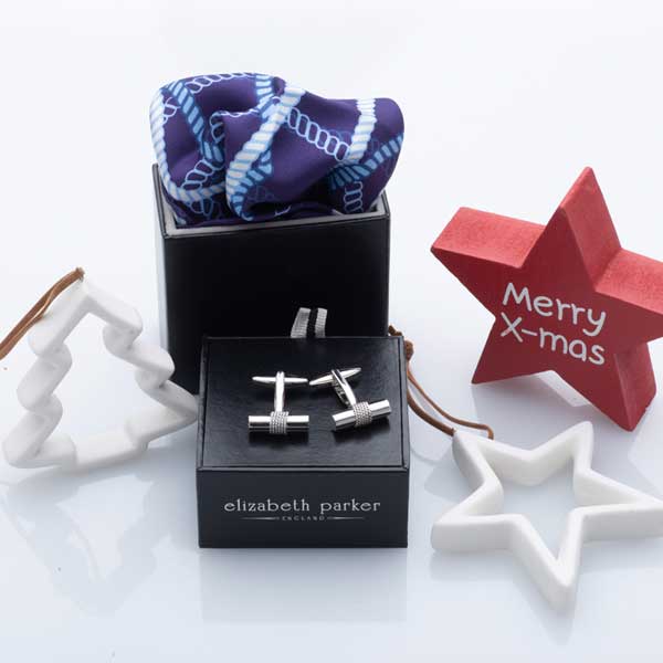 Navy, blue and white rope twist silk pocket square and rope cufflinks Christmas gift set by Elizabeth Parker 
