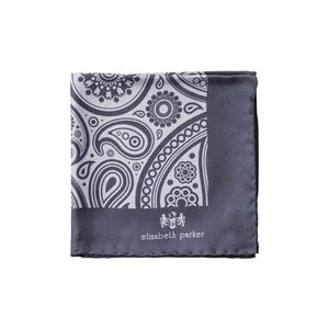 Paisley Swirl Silk Pocket Square Light and Dark Grey by Elizabeth Parker