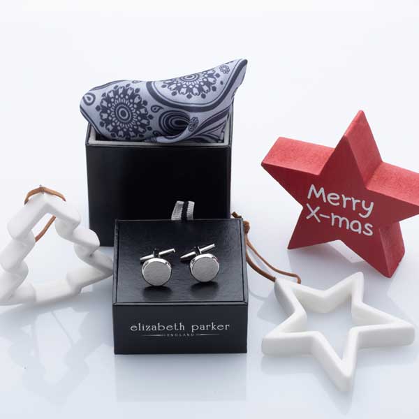 Grey Paisley Swirl Silk Pocket Square and Cufflink Christmas gift set by Elizabeth Parker