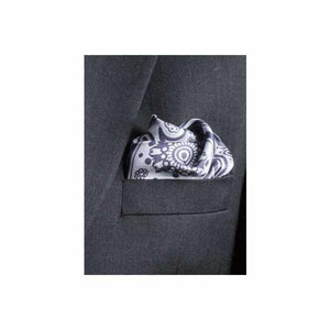 Paisley Swirl Silk Pocket Square Light and Dark Grey by Elizabeth Parker in jacket pocket