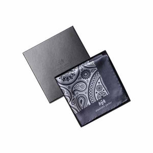 Paisley Swirl Silk Pocket Square Light and Dark Grey by Elizabeth Parker in gift box