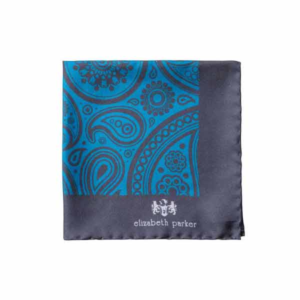 Paisley Swirl Silk Pocket Square Teal and Grey by Elizabeth Parker