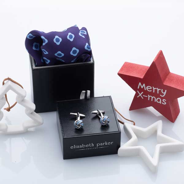 Light Blue Knot Cufflink and Silk Pocket Square Christmas Gift Set