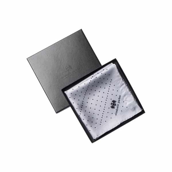 Grey Multi Dotty Silk Pocket Square By Elizabeth Parker in gift box