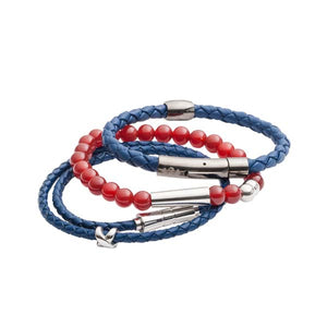 Stack of blue leather and red Cornelian bead men's bracelets by Elizabeth Parker