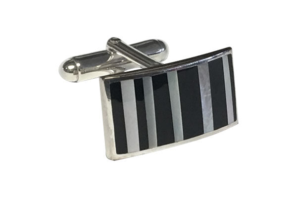 Discerningly Dapper Striped Mother of Pearl and Black Onyx .925 Solid Silver Cufflinks
